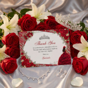 Watercolor Roses Red and Silver Red Quinceañera Thank You Card