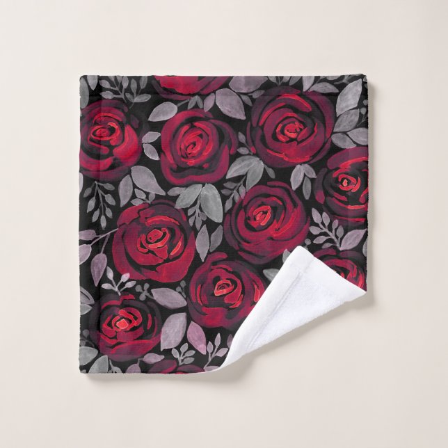 Watercolor roses, red roses on black bath towel set (Wash Cloth)