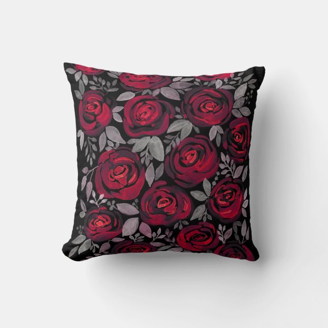 Watercolor roses, red roses on black cushion (Front)