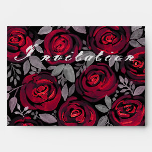 Watercolor roses, red roses on black envelope