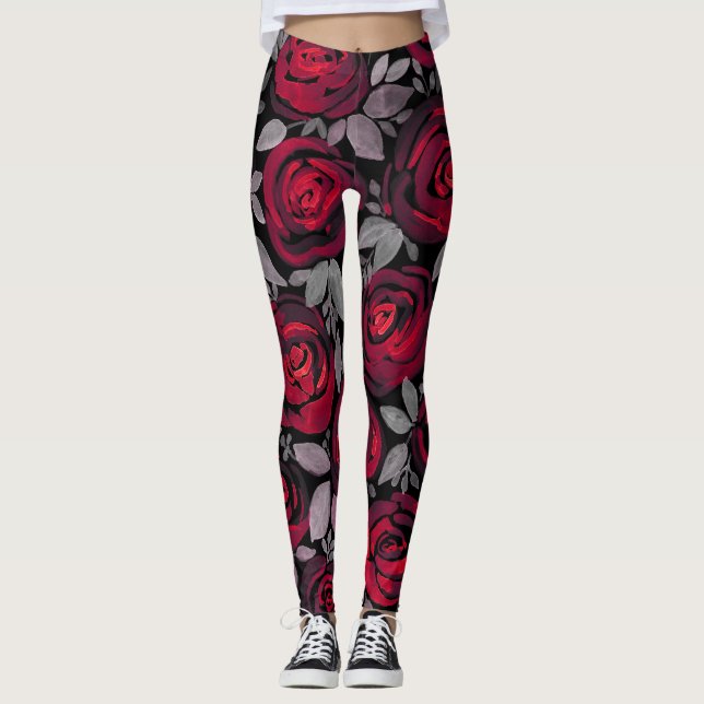 Watercolor roses, red roses on black leggings (Front)