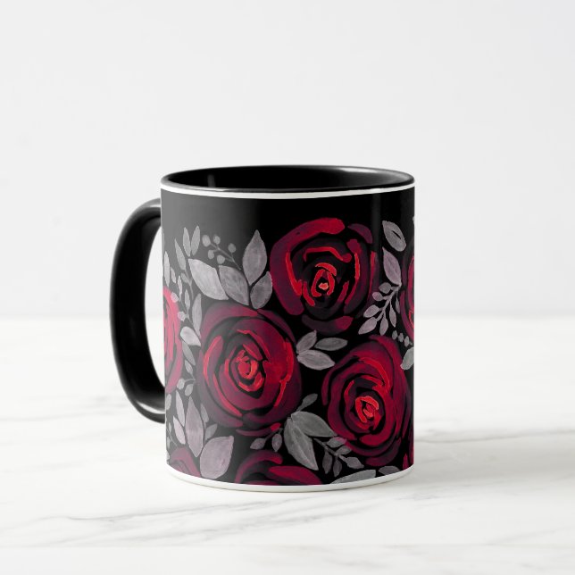 Watercolor roses, red roses on black mug (Front Left)
