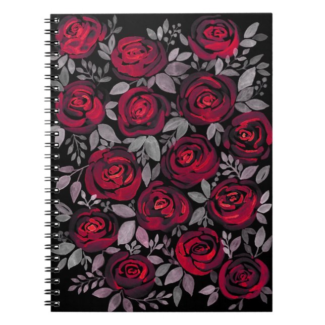 Watercolor roses, red roses on black notebook (Front)