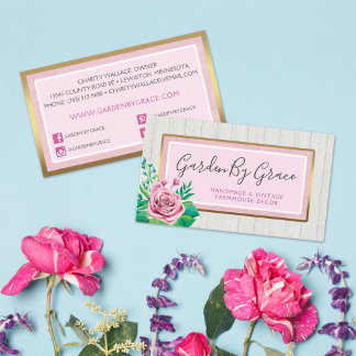 Watercolor Roses & Rustic Wood Shabby Chic Cottage Business Card