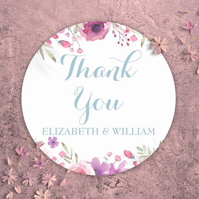 Watercolor Roses Script Thank You Names Classic Round Sticker (Watercolor Roses Script Thank You Names Classic Round Sticker)
