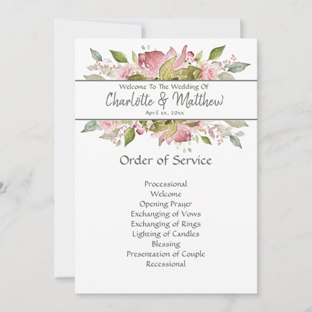 Watercolor Roses Soft Pink Ceremony Service Card (Front)