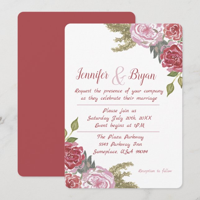 Watercolor Roses Wedding Invitation (Front/Back)