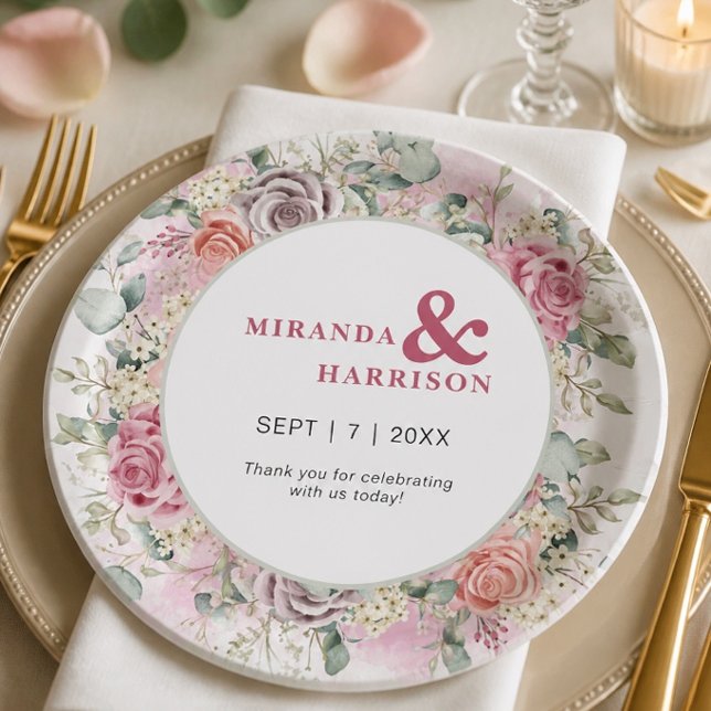 Watercolor Roses Wedding  Paper Plate (Creator Uploaded)