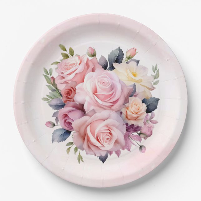 Watercolor Roses Wedding Paper Plate (Front)
