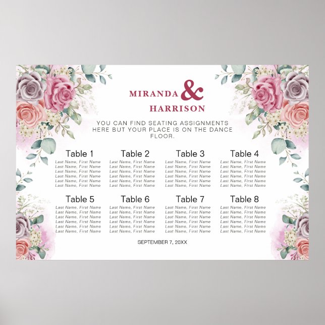 Watercolor Roses Wedding Seating Chart (Front)