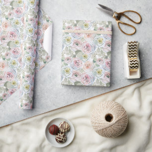 Watercolor roses white roll of wrapping paper