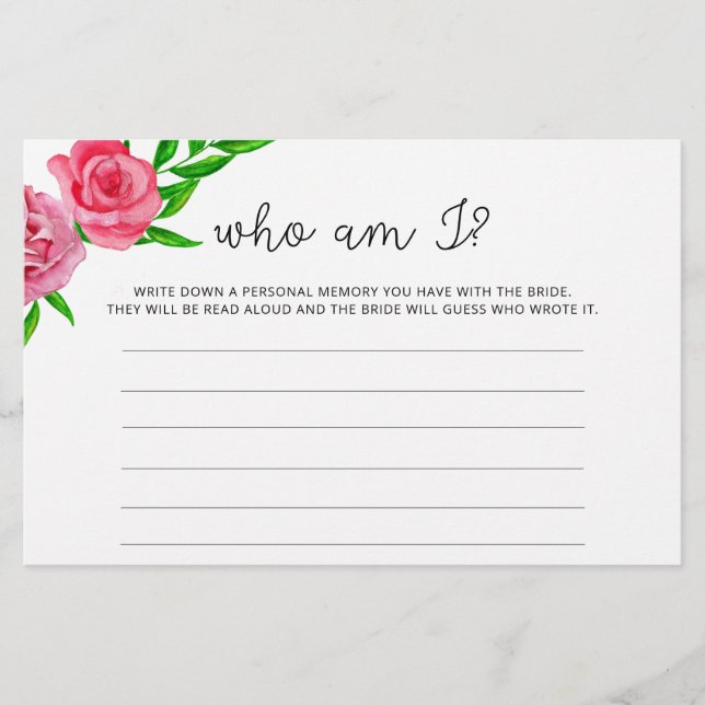 Watercolor roses Who am I bridal shower game Stationery (Front)