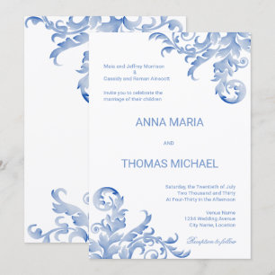 Watercolor Royal Blue Flourish Wedding Invitation