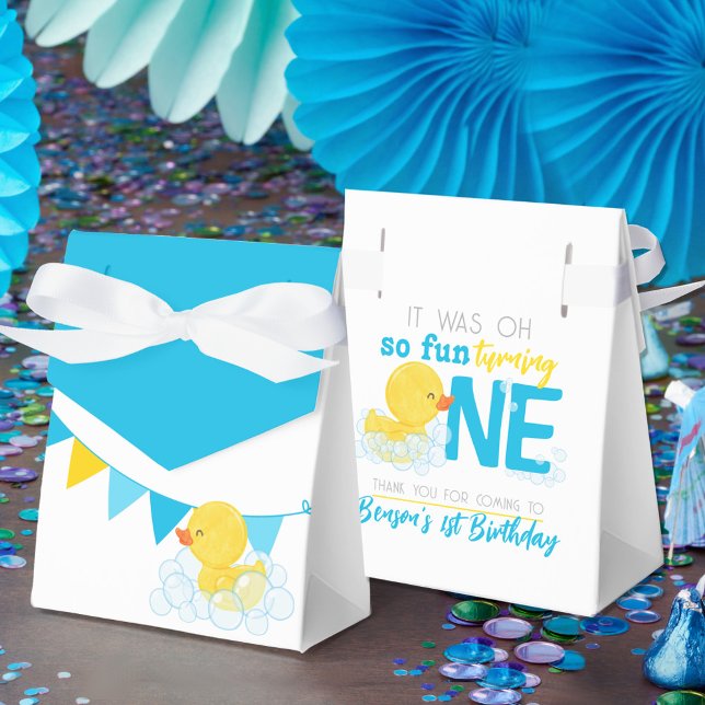 Watercolor Rubber Duck 1st Birthday Treat Favour Box (Watercolor Rubber Duck 1st Birthday Favor Gift Boxes in Blue Yellow and White)