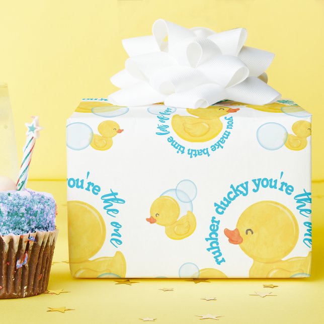 Watercolor Rubber Ducky You're the One Party Wrapping Paper (Rubber Ducky You're the One Watercolor Duck Wrapping Paper on White)