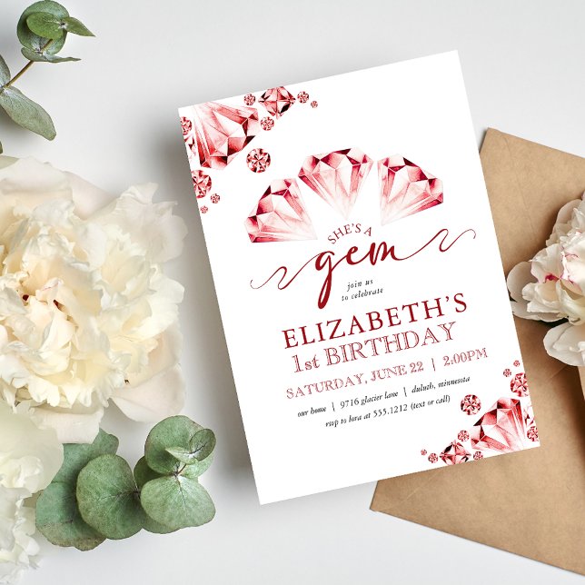Watercolor Rubies She's a Gem Birthday Invitation (Creator Uploaded)