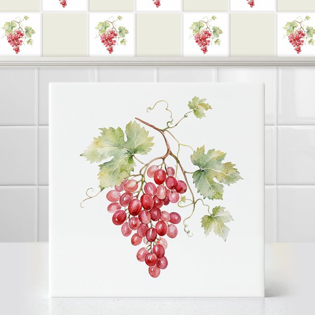 Watercolor Ruby Red Champagne Grape Vine Leaves Tile (Create your own mural: Mix'n'match graphic tiles and matching colored tiles to create a unique decor)