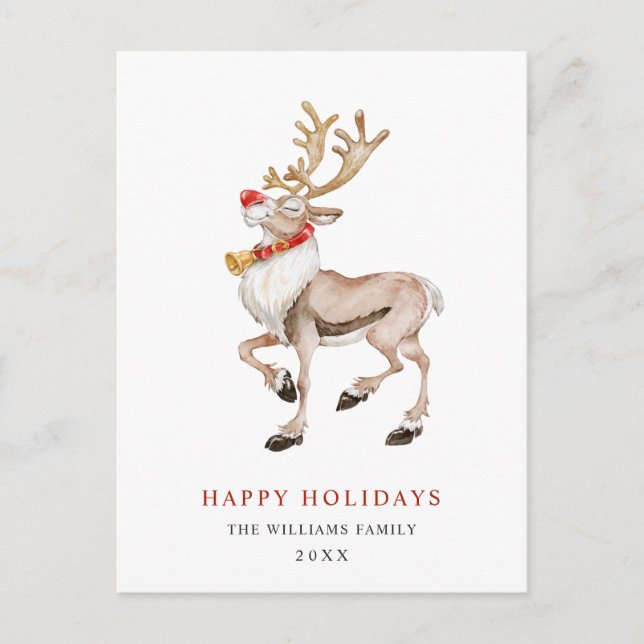 Watercolor Rudolf Reindeer Merry Christmas Holiday Postcard (Front)