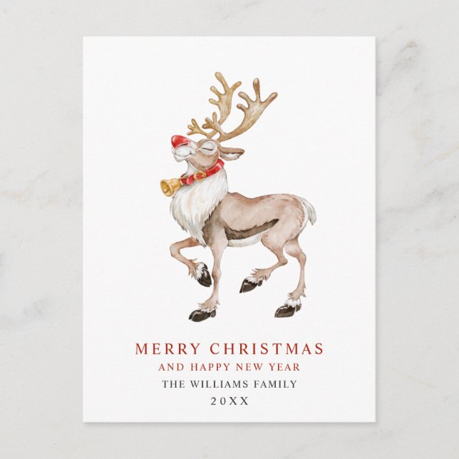 Watercolor Rudolf Reindeer Merry Christmas Holiday Postcard (Front)
