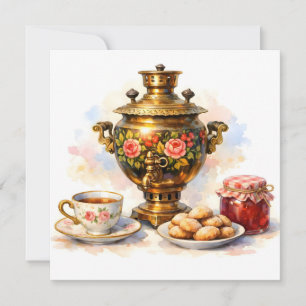 Watercolor Russian Samovar with Cookies, Jam  Card