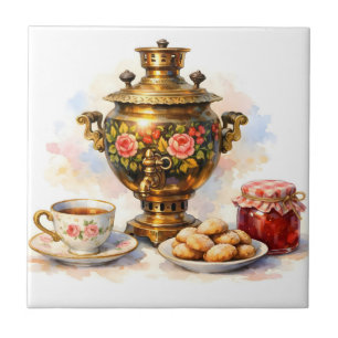 Watercolor Russian Samovar with Cookies, Jam Tile