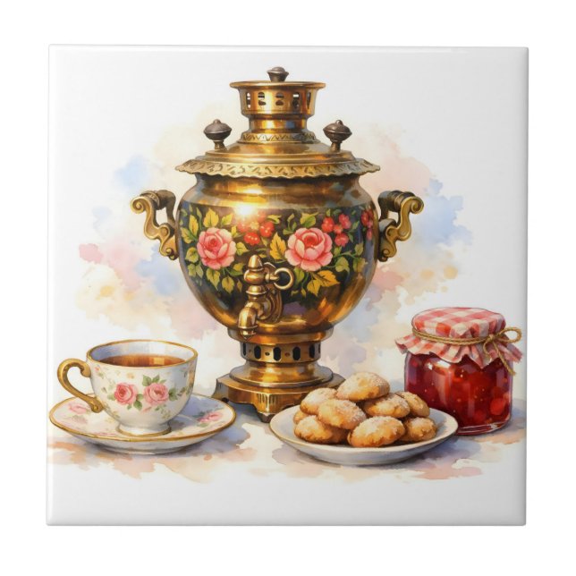 Watercolor Russian Samovar with Cookies, Jam  Tile (Front)