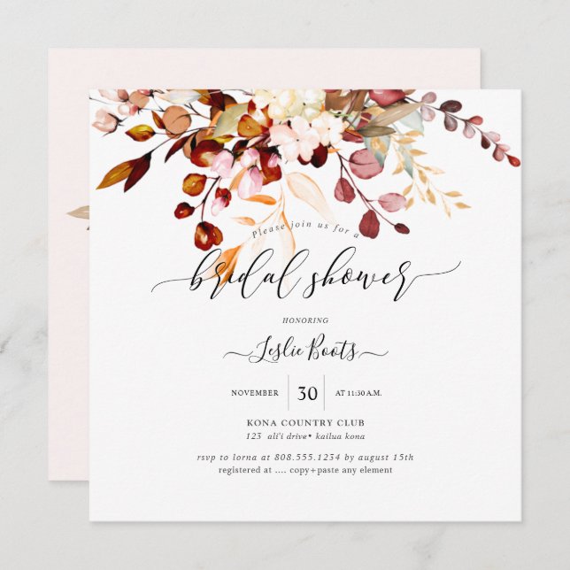 Watercolor Rust Orange Gum Eucalyptus Bridal Shwr Invitation (Front/Back)