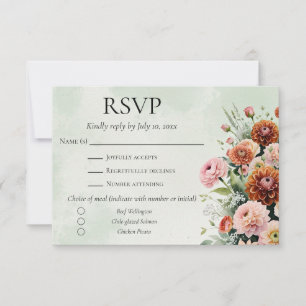Watercolor Rust Orange Sage Green Floral Wedding RSVP Card
