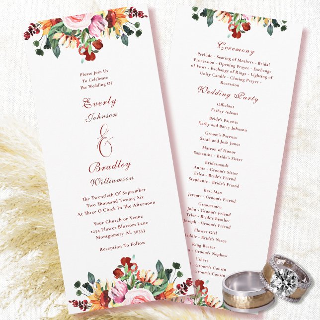 Watercolor Rust Yellow Green Autumn Floral Wedding Programme (Creator Uploaded)