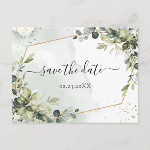 Watercolor RustBoho Green Eucalyptus Save the Date Postcard