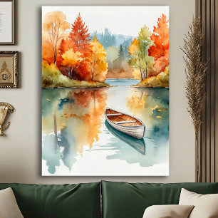 Watercolor Rustic Autumn Lake with Rowboat & Trees Poster