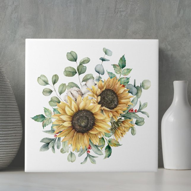 Watercolor Rustic Autumn Sunflower Bouquet Tile (In situ)