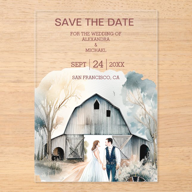 Watercolor Rustic Barn Wedding Acrylic Invitations (Front)