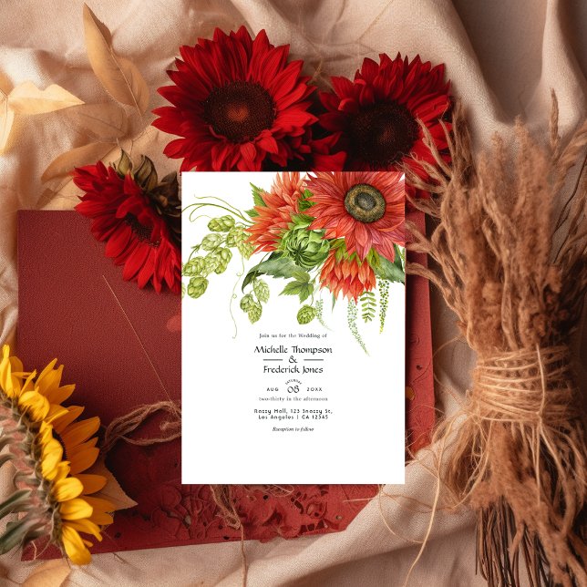 Watercolor Rustic Bohemian Red Sunflowers Wedding Invitation (Creator Uploaded)