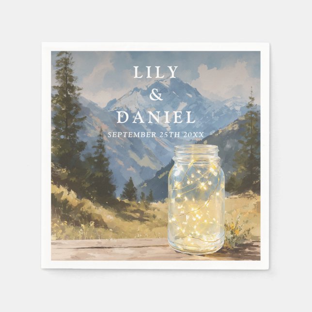 Watercolor Rustic Boho Mountain Mason Jar Wedding Napkin (Front)
