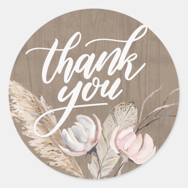 Watercolor Rustic Boho Thank You Sticker (Front)