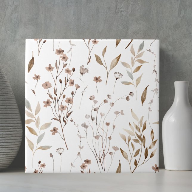 Watercolor Rustic Brown Winter Floral Botanical Tile (Close up)
