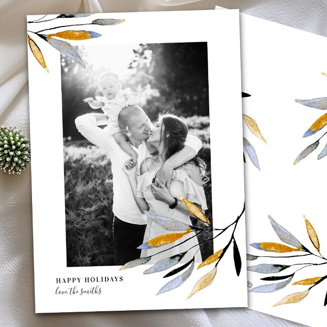 Watercolor Rustic Christmas Leafy Photo  Holiday Card (Creator Uploaded)