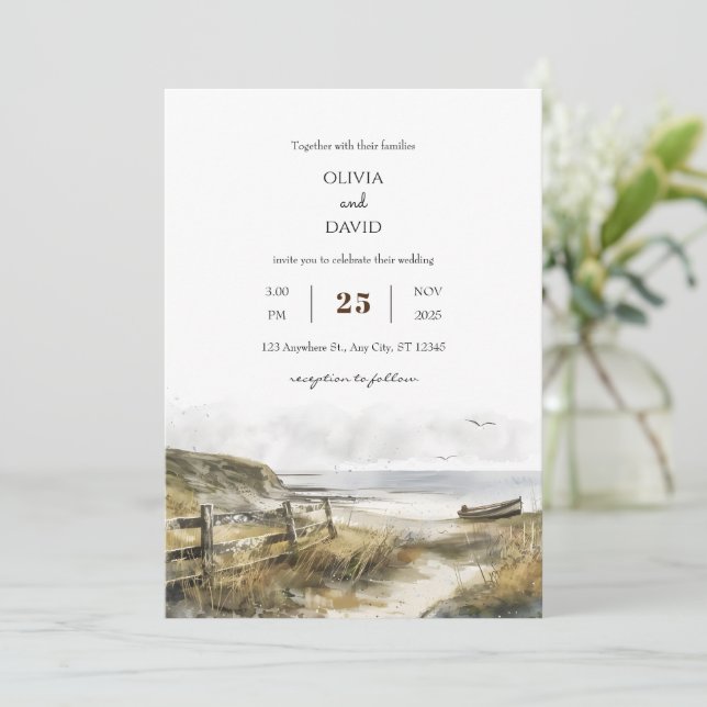 Watercolor Rustic Coastal Field Art Beach Wedding  Invitation (Standing Front)