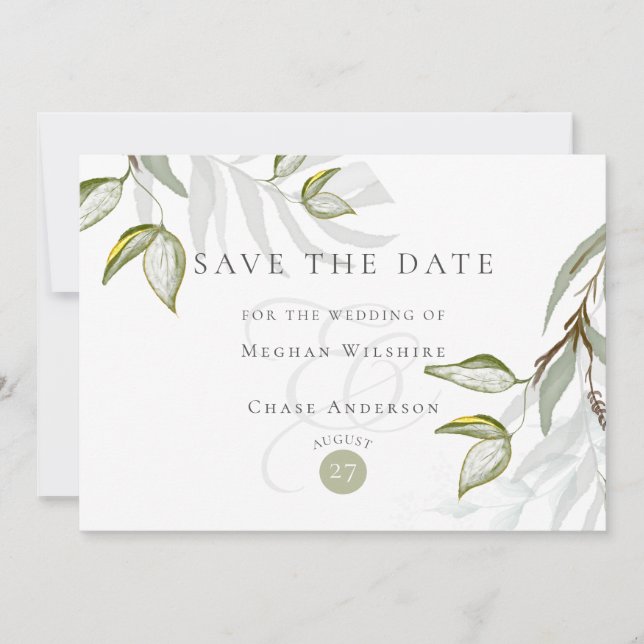 Watercolor Rustic Dusty Sage Foliage Save the Date Invitation (Front)