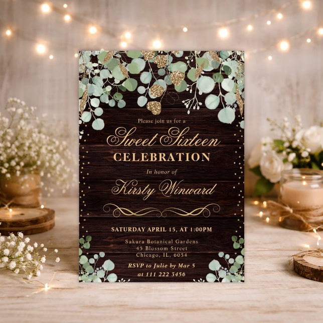 Watercolor Rustic Eucalyptus Gold Sweet 16 Invitation (Creator Uploaded)