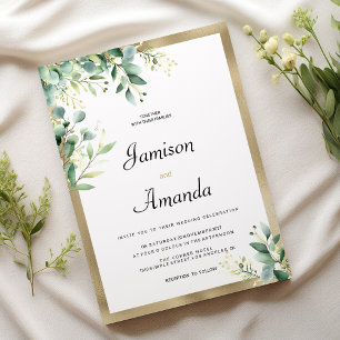 Watercolor rustic eucalyptus greenery gold Wedding Invitation