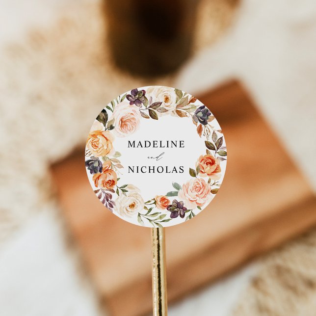 Watercolor Rustic Fall Floral Wedding Classic Round Sticker (Creator Uploaded)