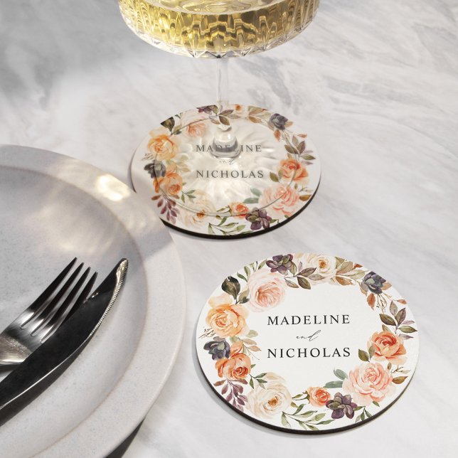 Watercolor Rustic Fall Floral Wedding Round Paper Coaster (Creator Uploaded)