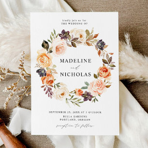 Watercolor Rustic Fall Floral Wreath Wedding Invitation