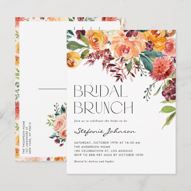 Watercolor Rustic Fall Flowers Bridal Brunch Invitation Postcard (Front/Back)