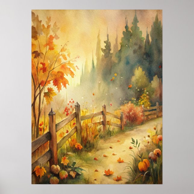 Watercolor Rustic Fall Landscape Poster (Front)