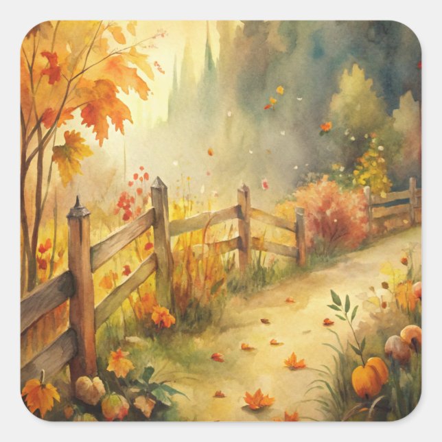 Watercolor Rustic Fall Landscape  Square Sticker (Front)