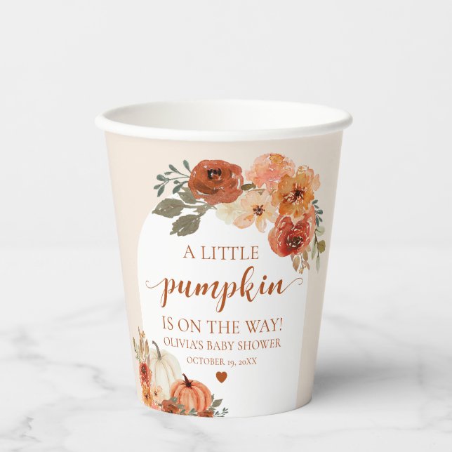 Watercolor Rustic Fall Little Pumpkin Baby Shower Paper Cups (Front)