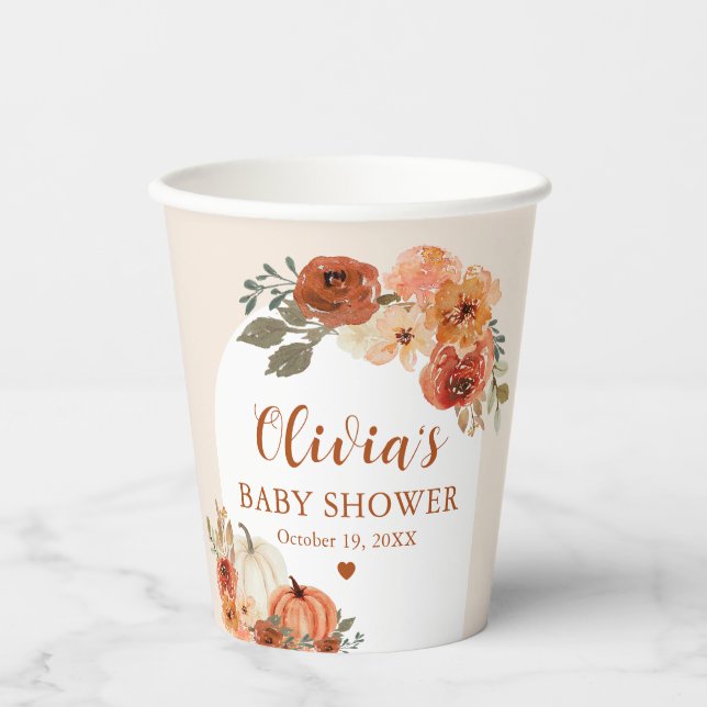 Watercolor Rustic Fall Little Pumpkin Baby Shower Paper Cups (Front)